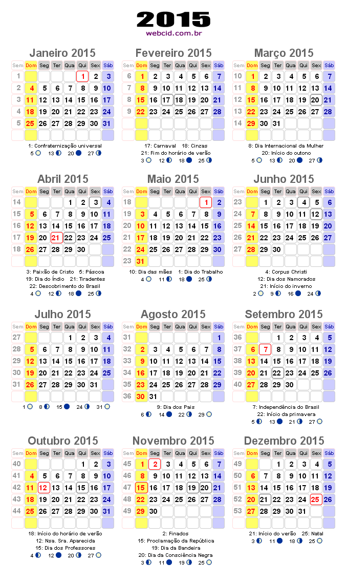 Calendario 2015 com feriados