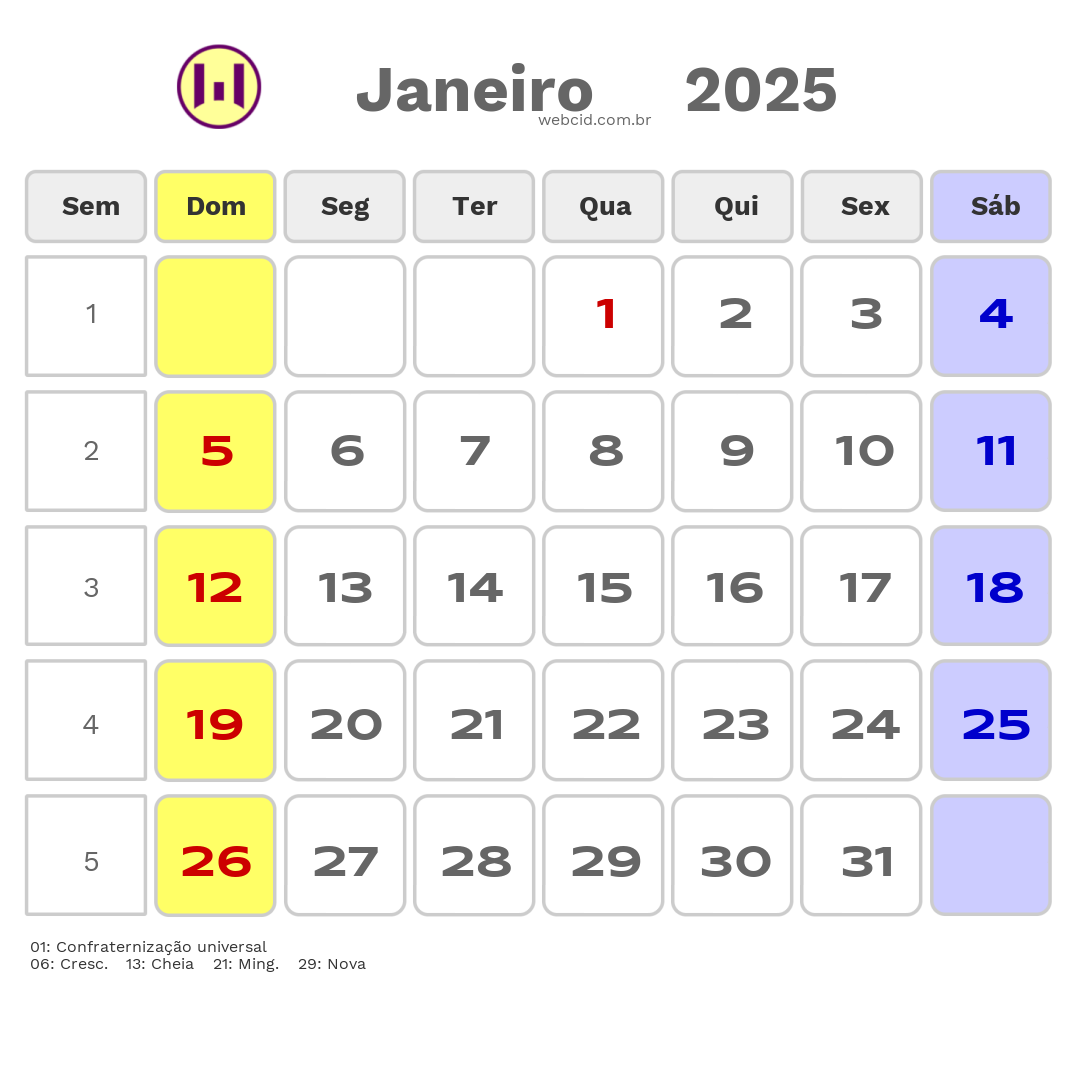 Calendário 2025 - Janeiro - Lucas do Rio Verde-MT com feriados e fases da lua