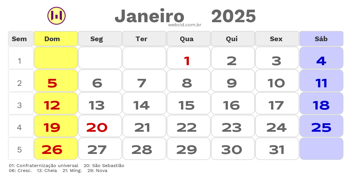 Calendário 2025 - Janeiro - Breves-PA com feriados e fases da lua