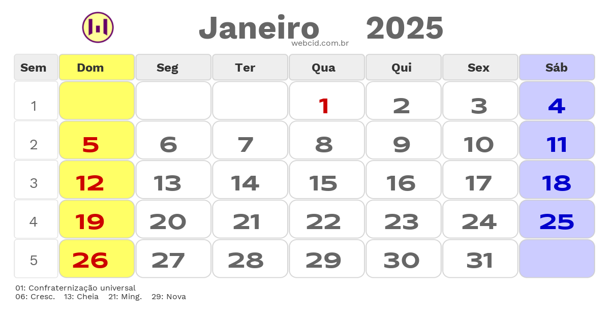 Calendário 2025 - Janeiro - Rio de Janeiro com feriados e fases da lua