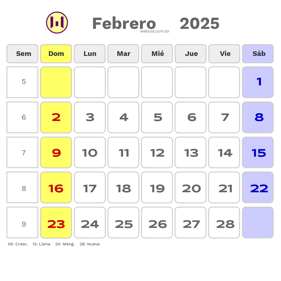 Calendario 2025 - Febrero - Bolívia com feriados e fases da lua
