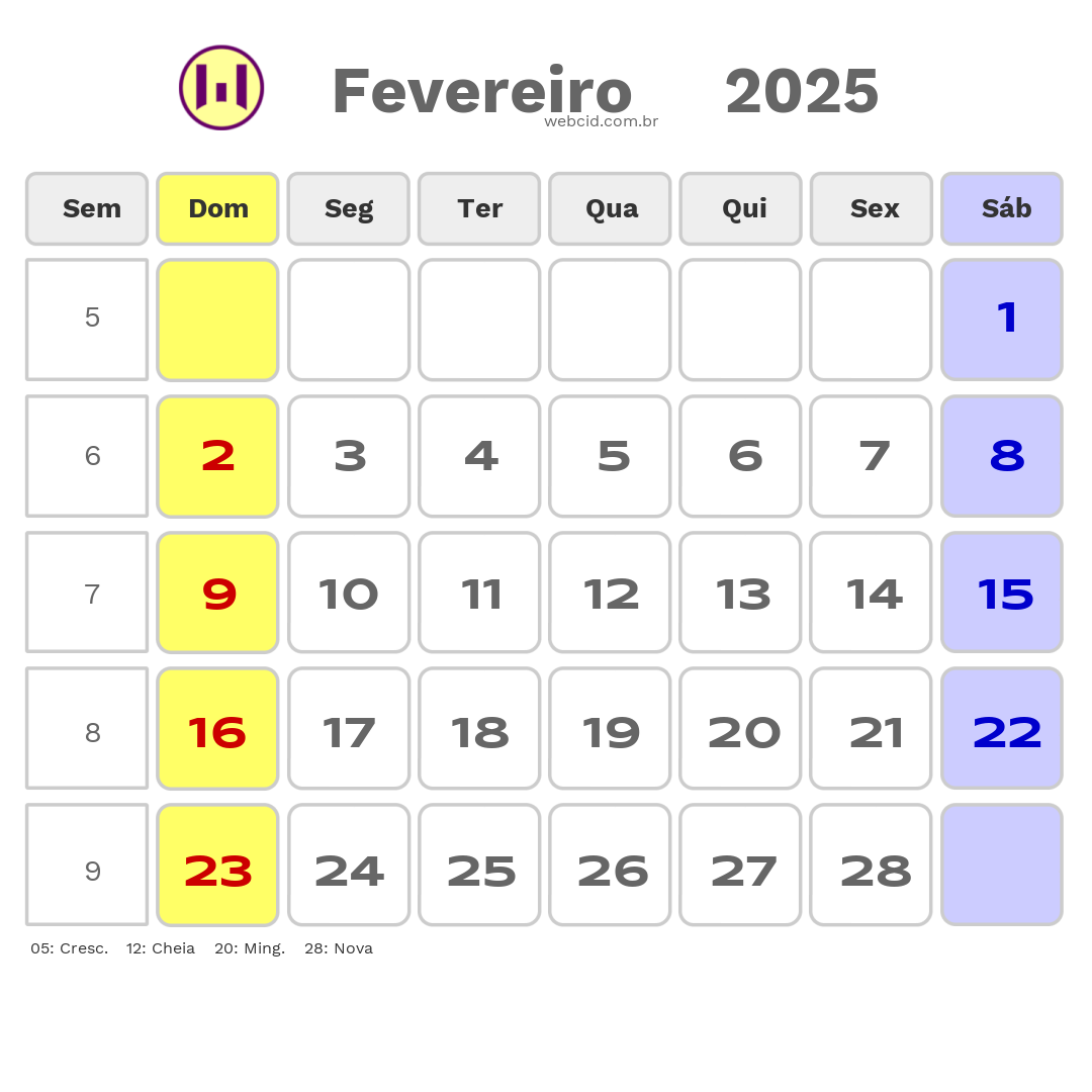 Calendário 2025 - Fevereiro - Palmeira das Missões-RS com feriados e fases da lua