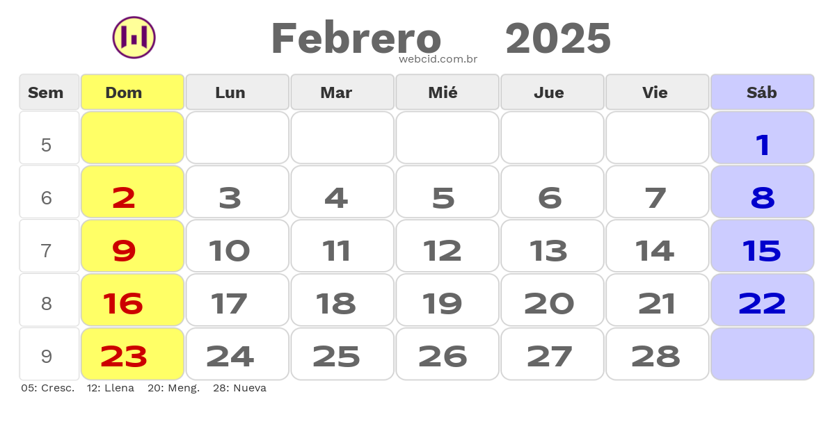 Calendario 2025 - Febrero - Bolívia com feriados e fases da lua