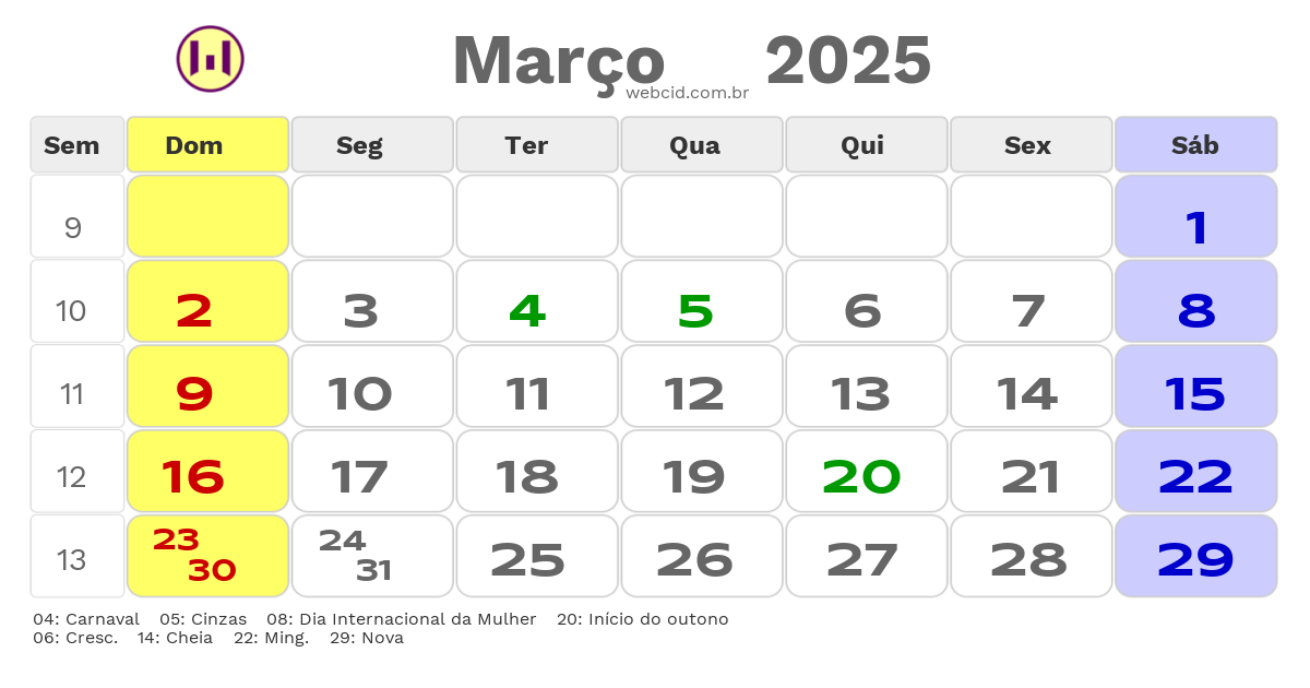 Calendário 2025 - Março - Vacaria-RS com feriados e fases da lua