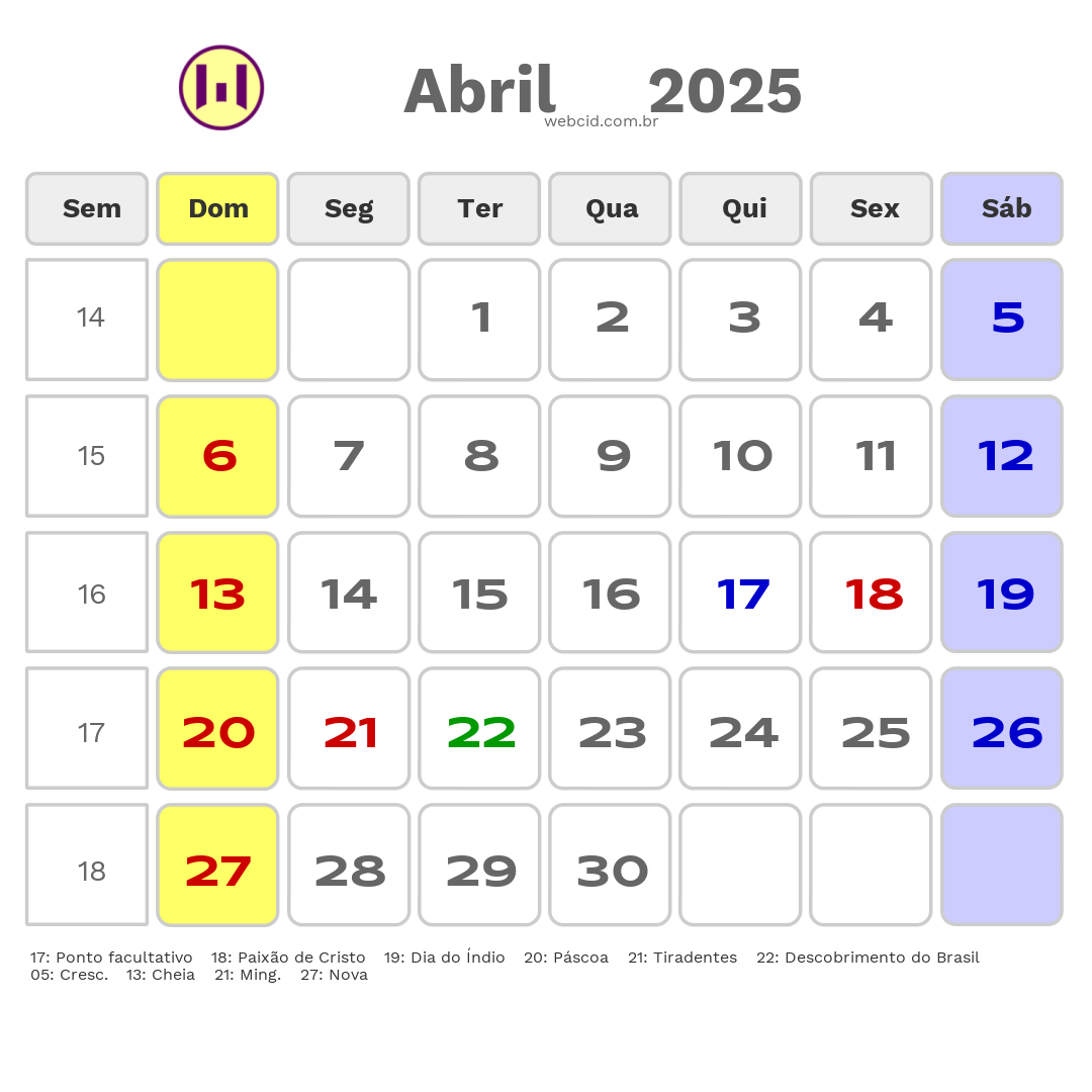 Calendário 2025 - Abril - Balneário Pinhal-RS com feriados e fases da lua