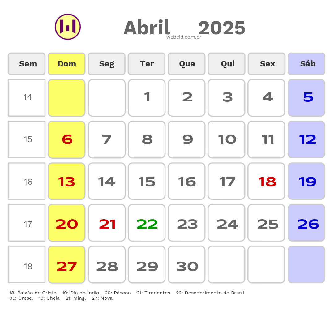 Calendário 2025 - Abril - Palmeira das Missões-RS com feriados e fases da lua