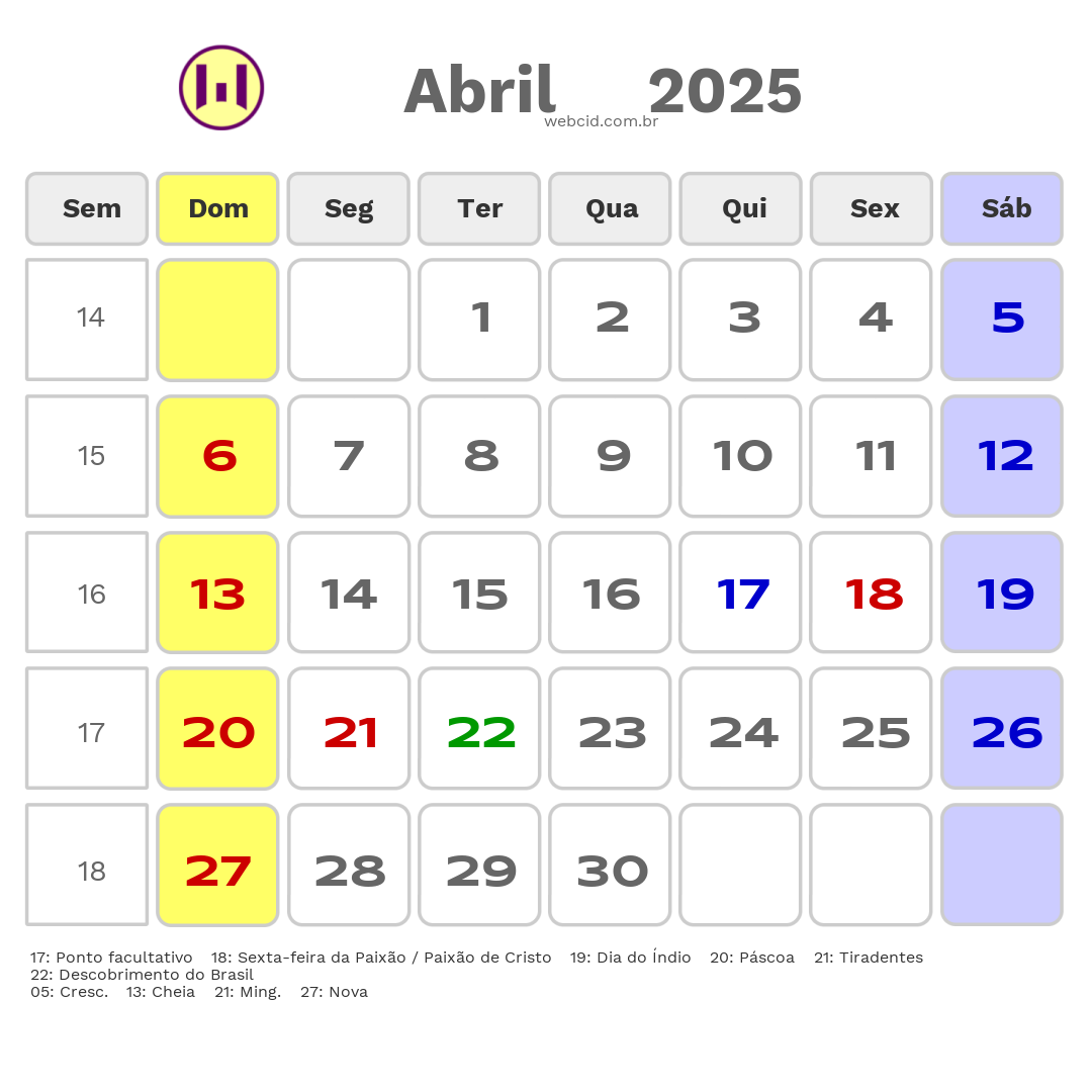Calendário 2025 - Abril - Olímpia-SP com feriados e fases da lua