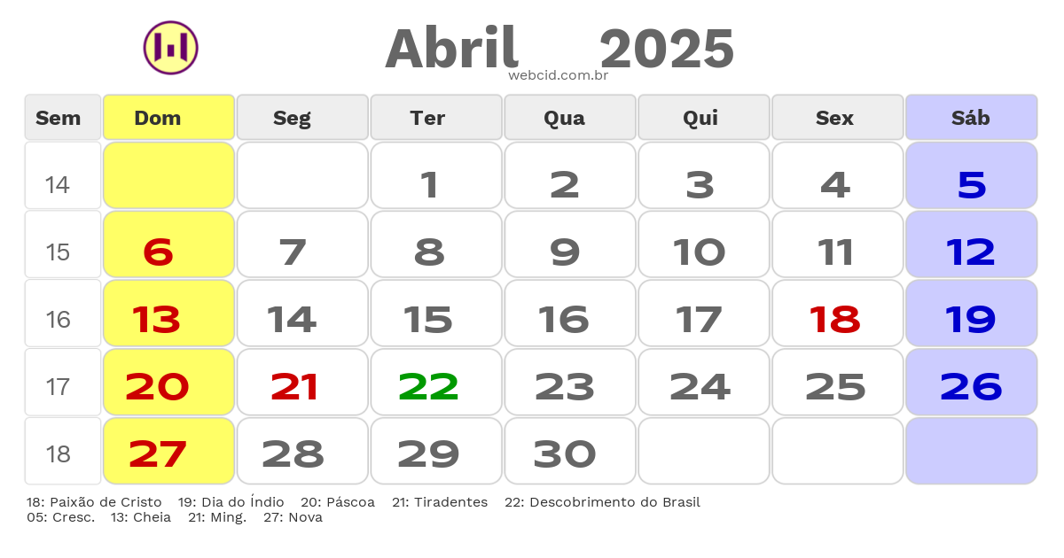 Calendário 2025 - Abril - Vacaria-RS com feriados e fases da lua