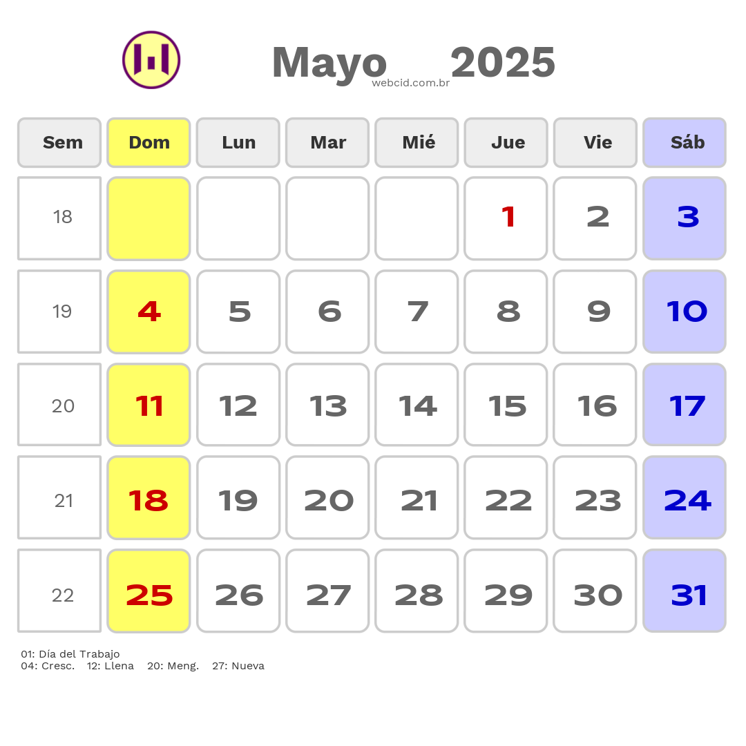 Calendario 2025 - Mayo - Bolívia com feriados e fases da lua