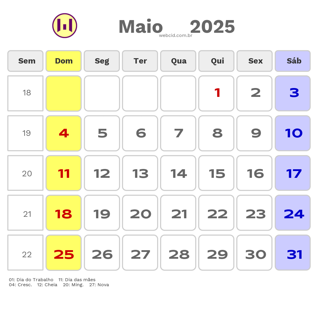 Calendário 2025 - Maio - Vacaria-RS com feriados e fases da lua