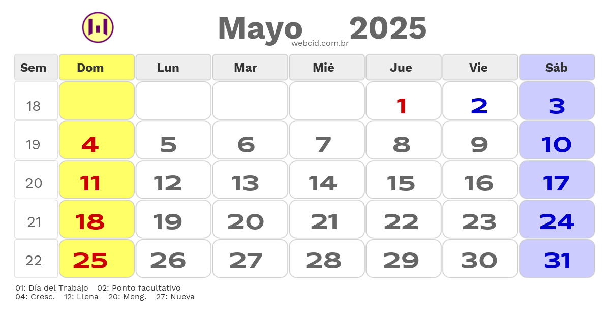 Calendario 2025 - Mayo - Bolívia com feriados e fases da lua