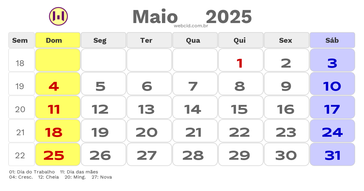 Calendário 2025 - Maio - Rio de Janeiro com feriados e fases da lua