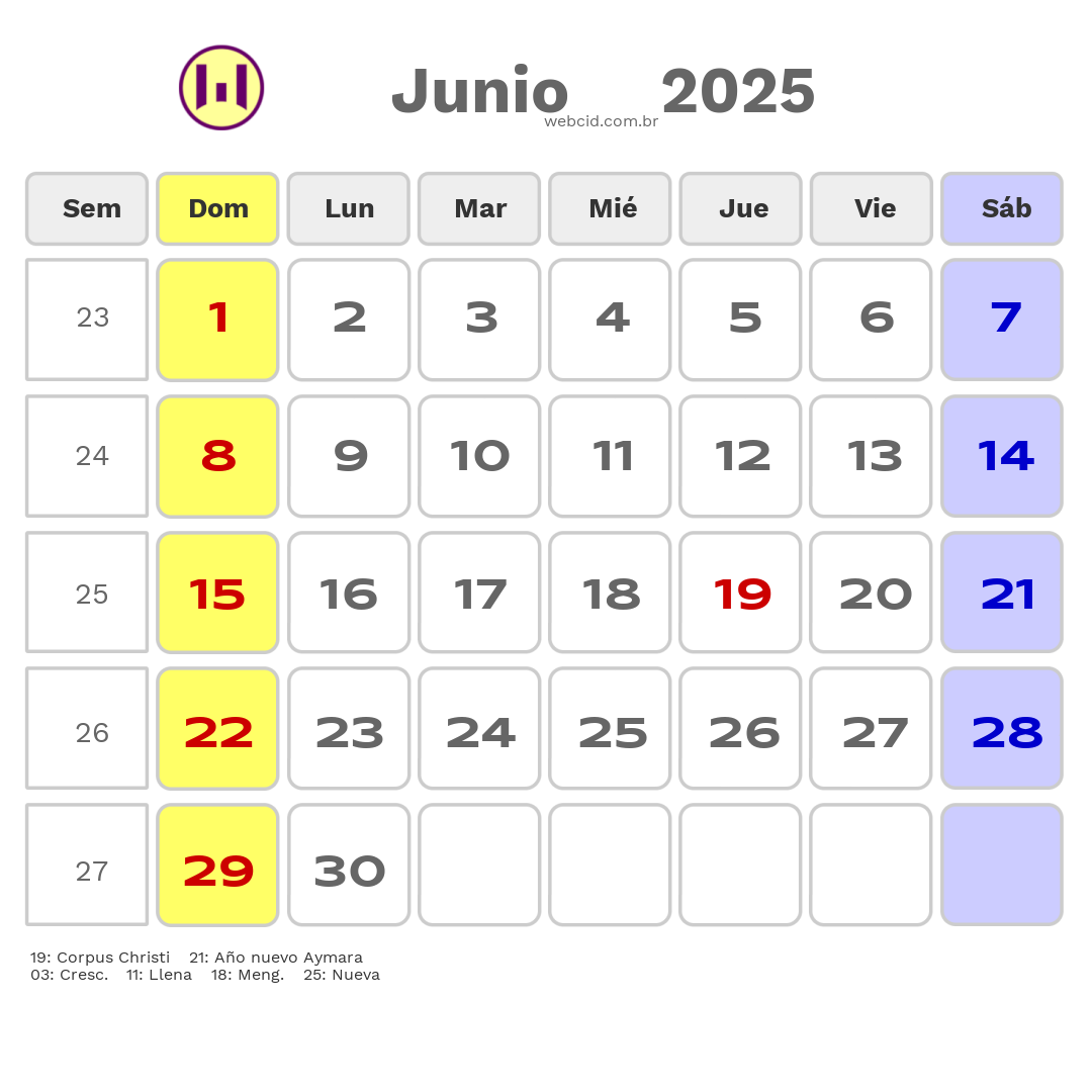 Calendario 2025 - Junio - Bolívia com feriados e fases da lua