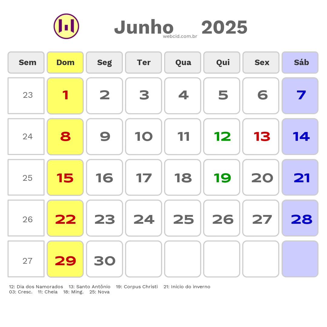 Calendário 2025 - Junho - Palmeira das Missões-RS com feriados e fases da lua