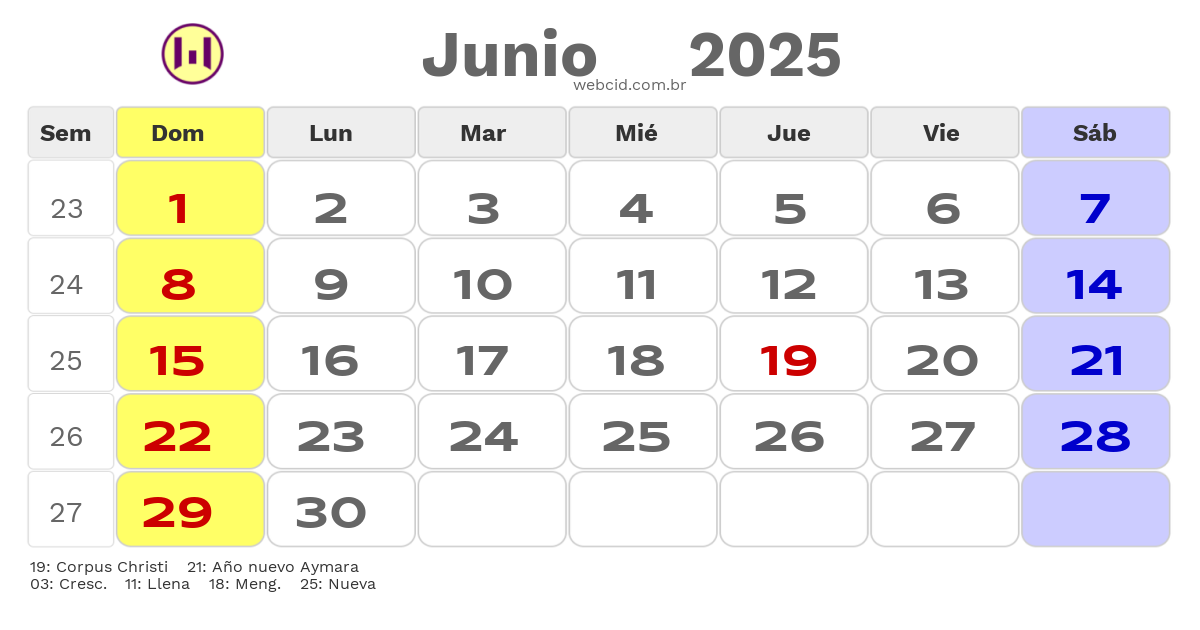 Calendario 2025 - Junio - Bolívia com feriados e fases da lua