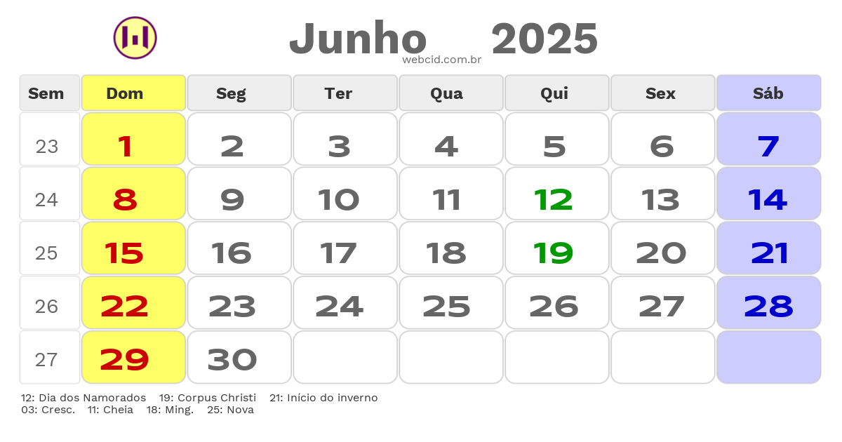 Calendário 2025 - Junho - Rio de Janeiro com feriados e fases da lua