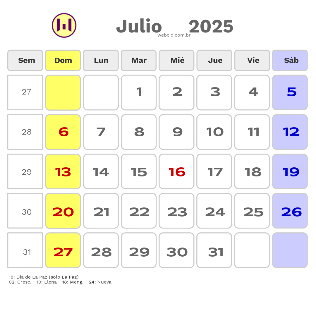 Calendario 2025 - Julio - Bolívia com feriados e fases da lua