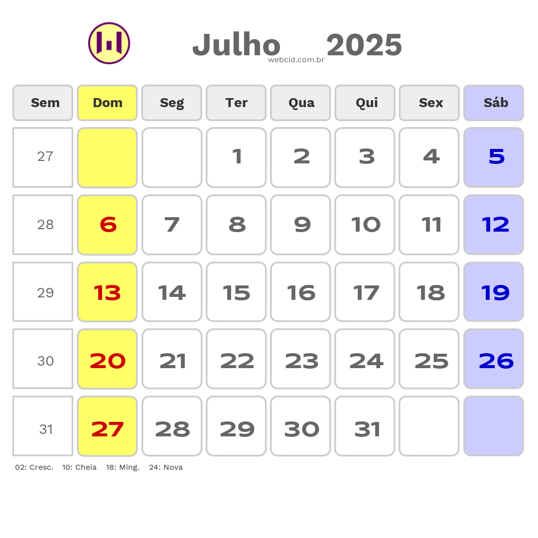 Calendário 2025 - Julho - Palmeira das Missões-RS com feriados e fases da lua