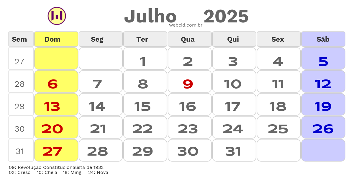 Calendário 2025 - Julho - Paulínia-SP com feriados e fases da lua