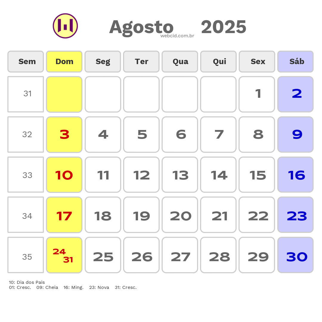 Calendário 2025 - Agosto - Palmeira das Missões-RS com feriados e fases da lua
