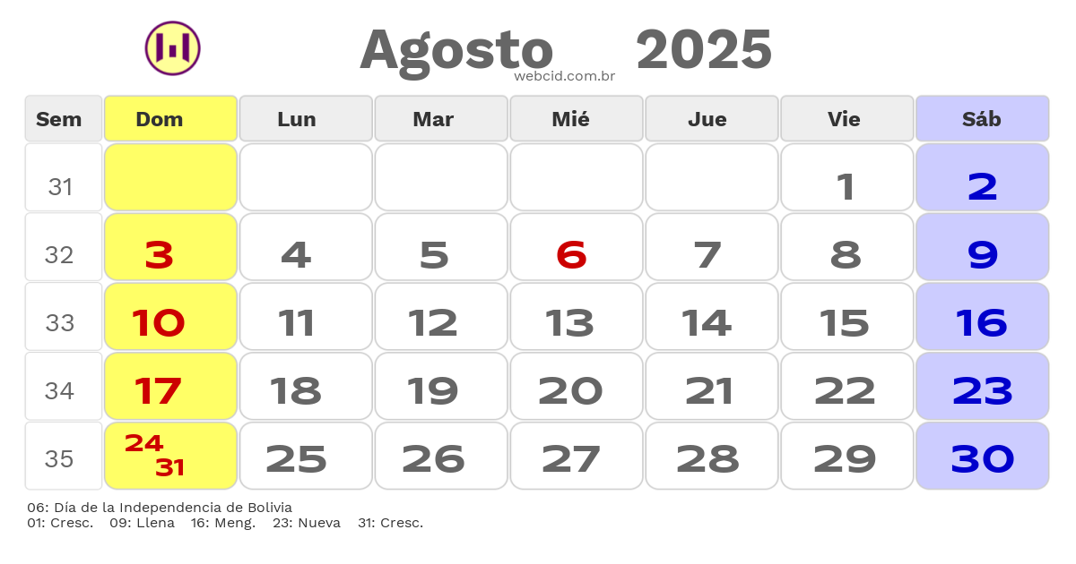 Calendario 2025 - Agosto - Bolívia com feriados e fases da lua