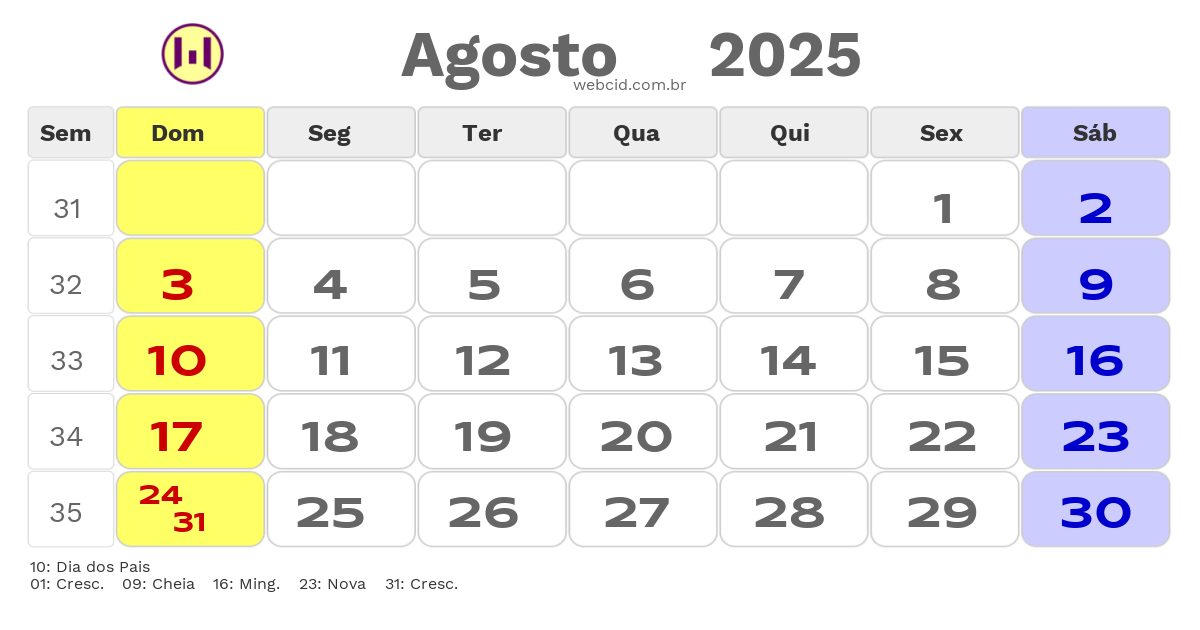 Calendário 2025 - Agosto - Paulínia-SP com feriados e fases da lua