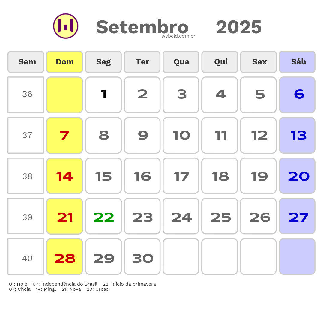 Calendário 2025 - Setembro - Salvador-BA com feriados e fases da lua