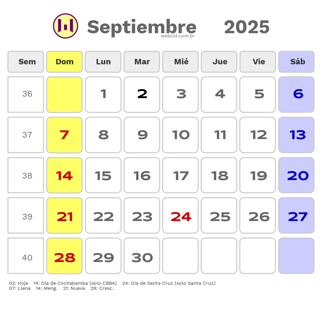 Calendario 2025 - Septiembre - Bolívia com feriados e fases da lua