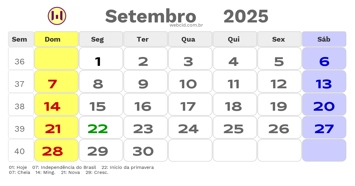Calendário 2025 - Setembro - Salvador-BA com feriados e fases da lua