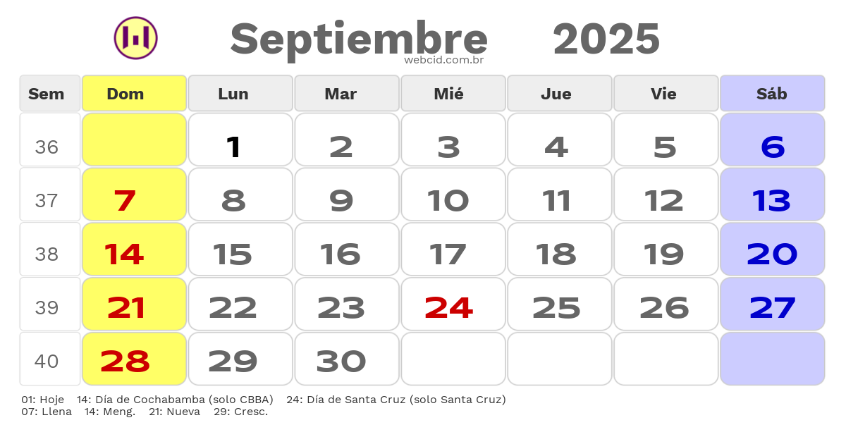 Calendario 2025 - Septiembre - Bolívia com feriados e fases da lua