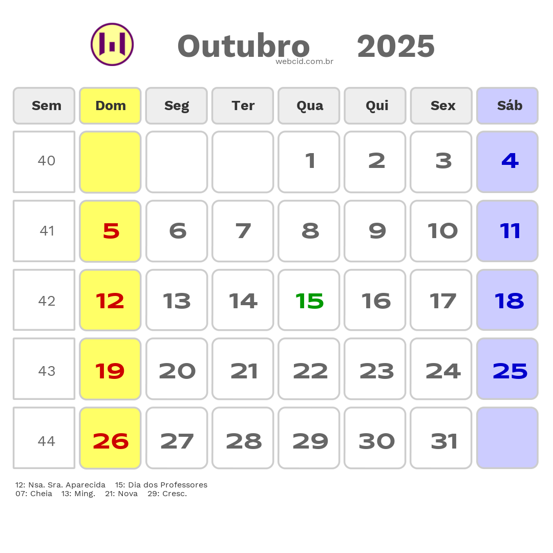 Calendário 2025 - Outubro - Salvador-BA com feriados e fases da lua