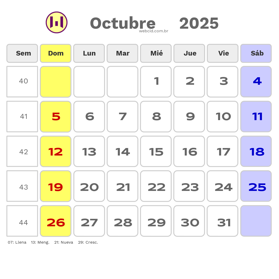 Calendario 2025 - Octubre - Bolívia com feriados e fases da lua