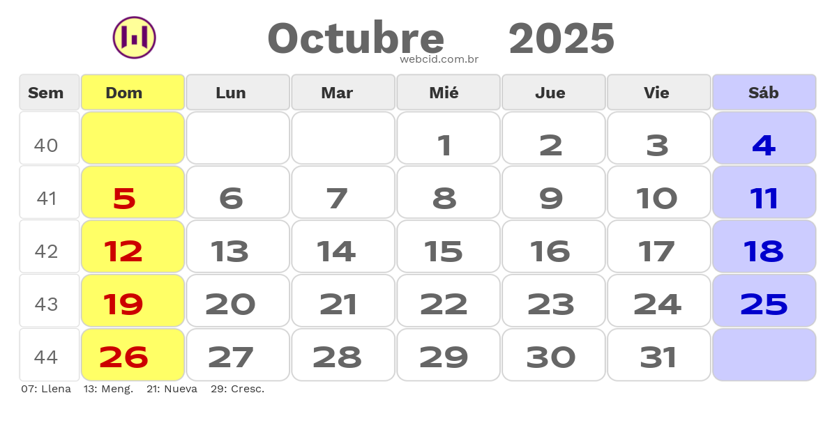 Calendario 2025 - Octubre - Bolívia com feriados e fases da lua