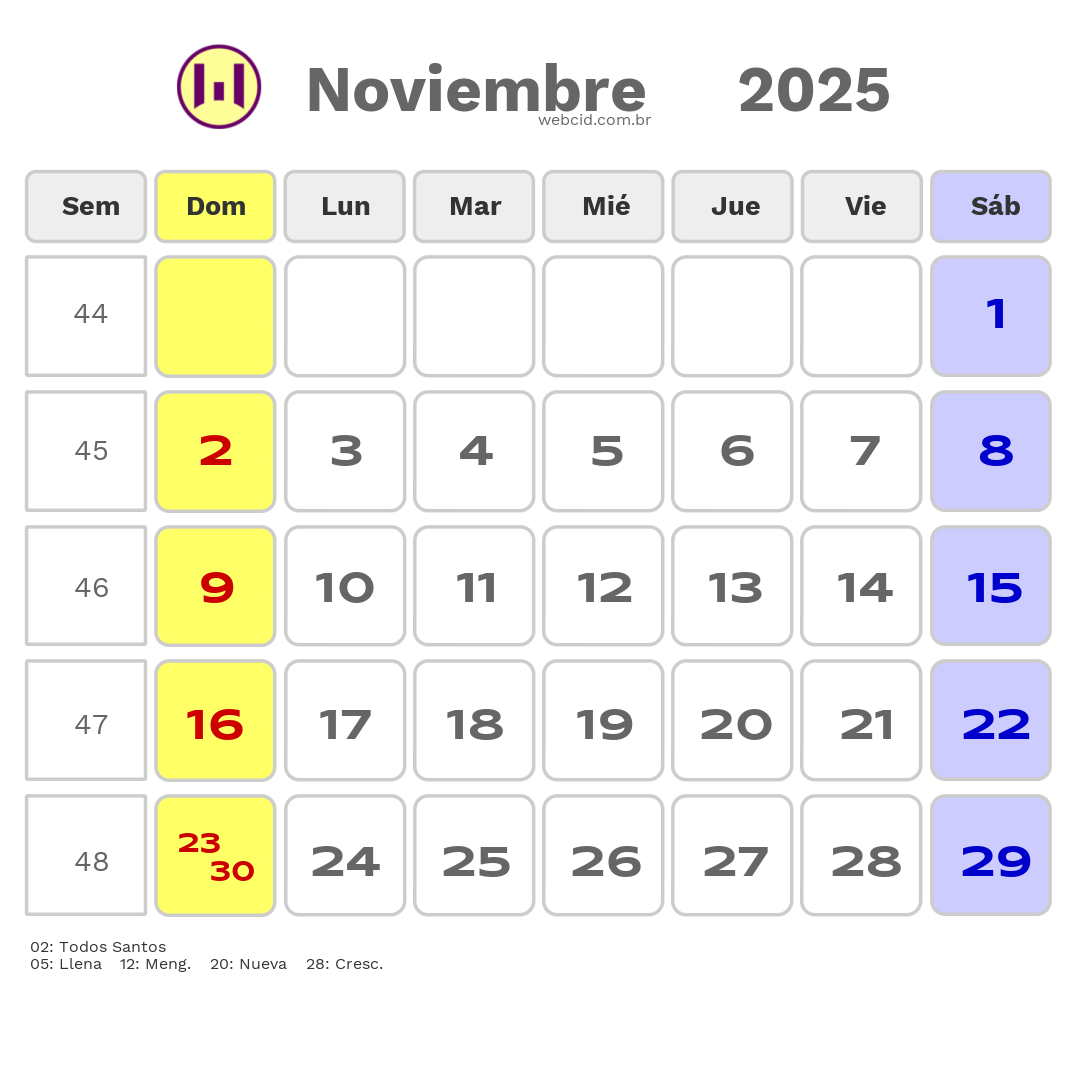 Calendario 2025 - Noviembre - Bolívia com feriados e fases da lua
