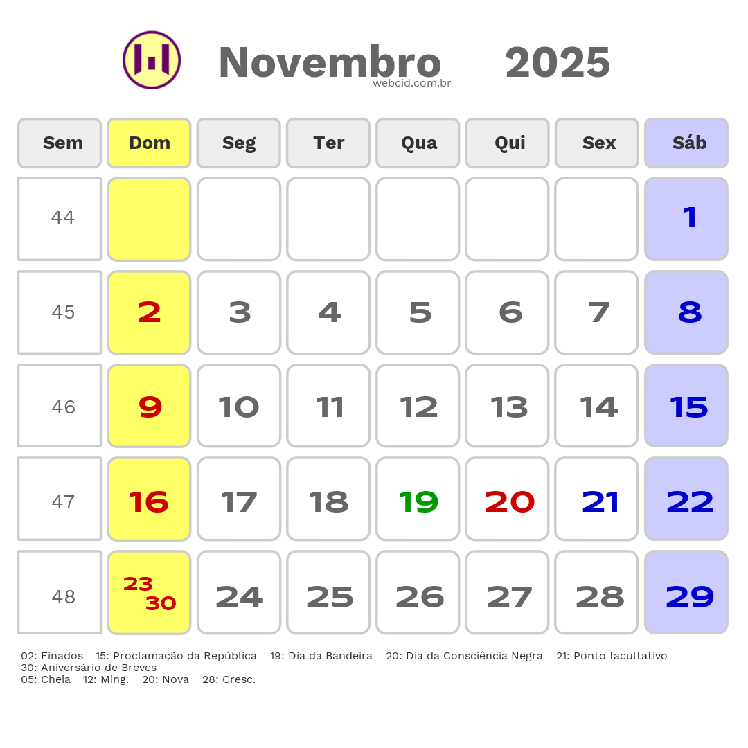 Calendário 2025 - Novembro - Breves-PA com feriados e fases da lua