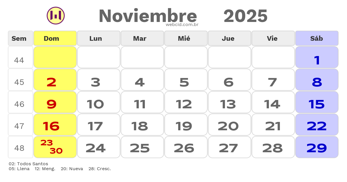 Calendario 2025 - Noviembre - Bolívia com feriados e fases da lua