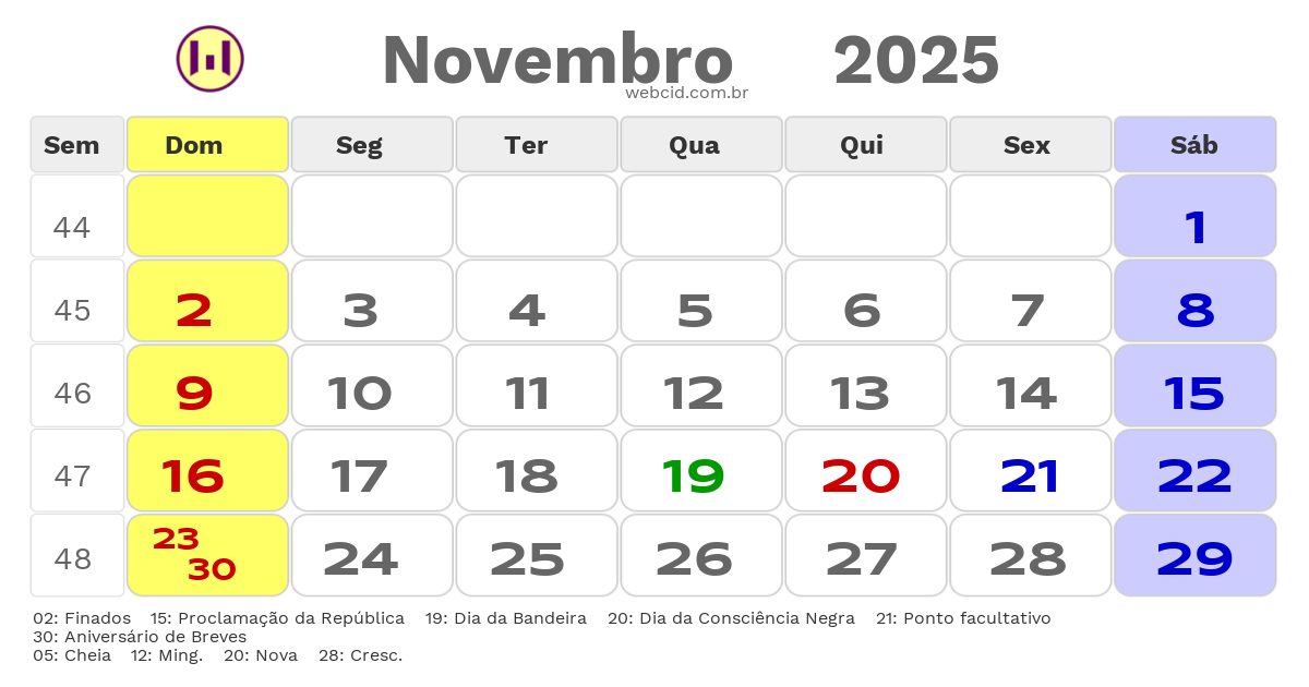 Calendário 2025 - Novembro - Breves-PA com feriados e fases da lua