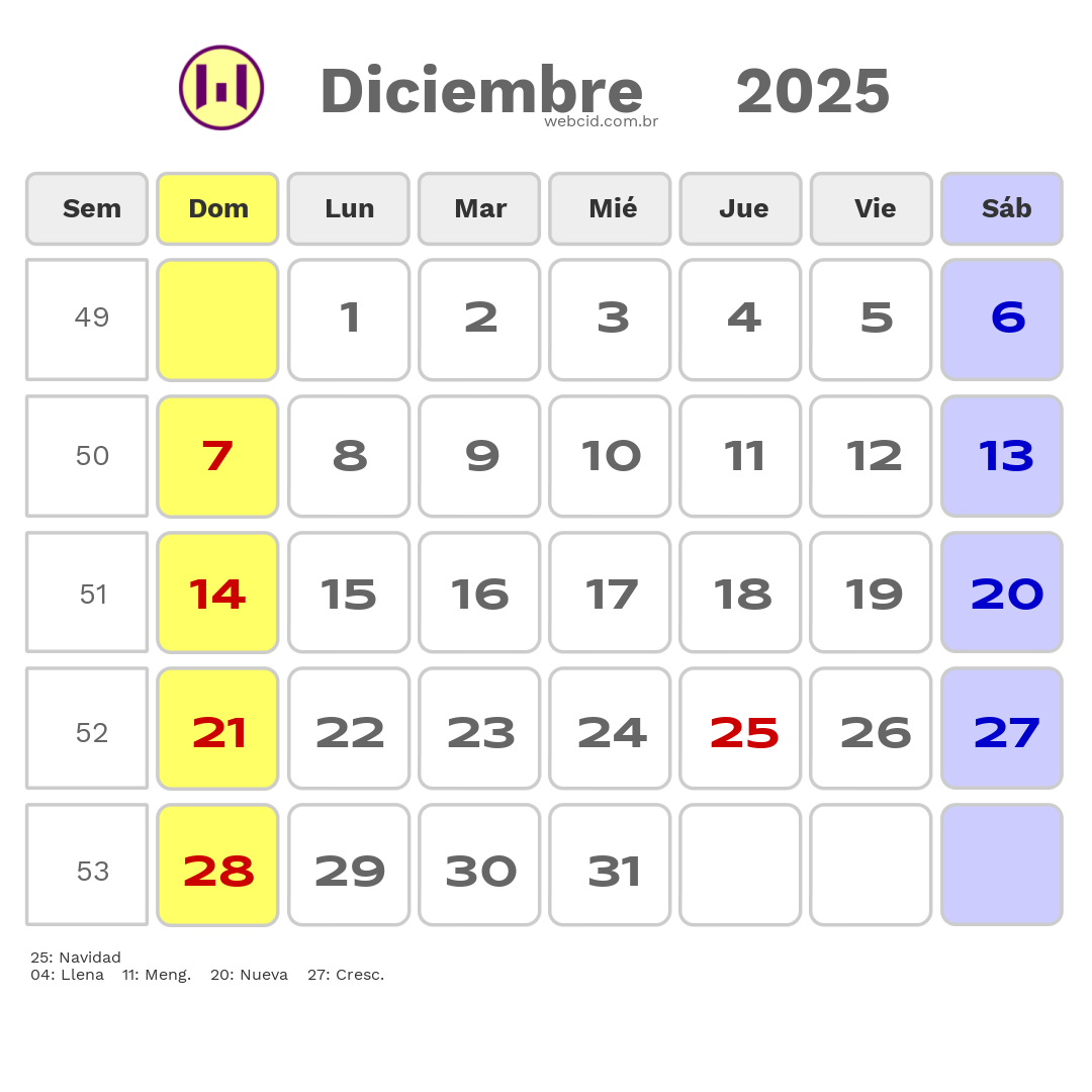 Calendario 2025 - Diciembre - Bolívia com feriados e fases da lua