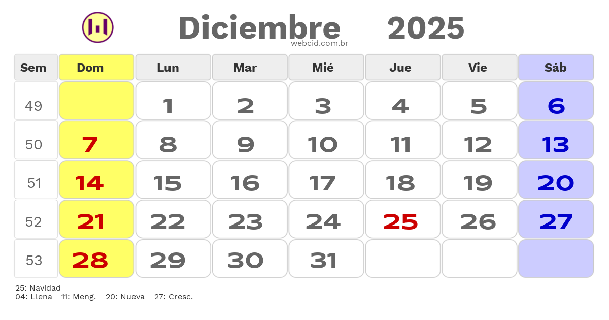 Calendario 2025 - Diciembre - Bolívia com feriados e fases da lua
