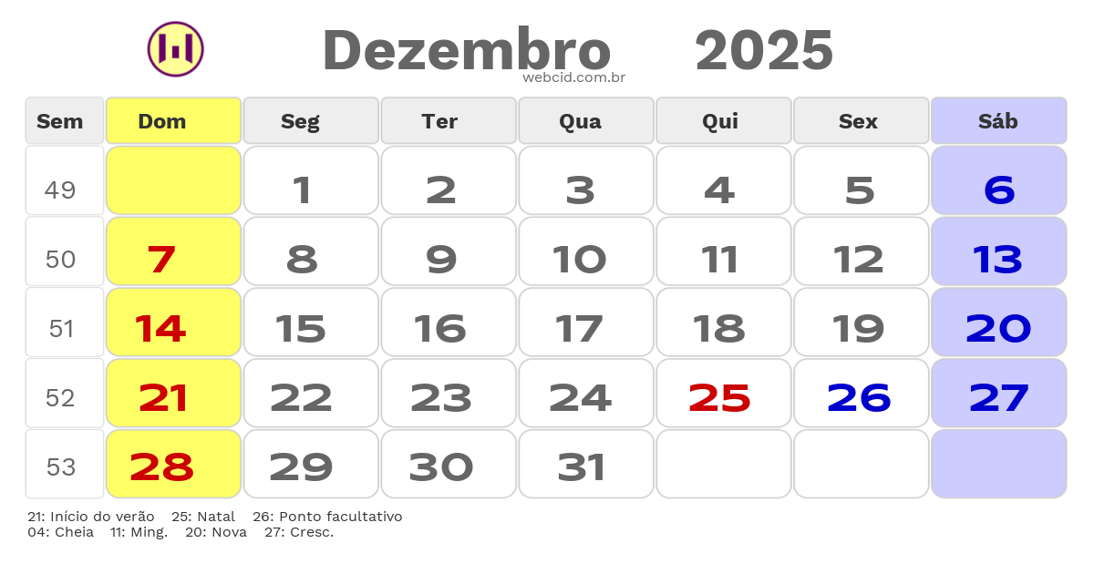 Calendário 2025 - Dezembro - Lucas do Rio Verde-MT com feriados e fases da lua