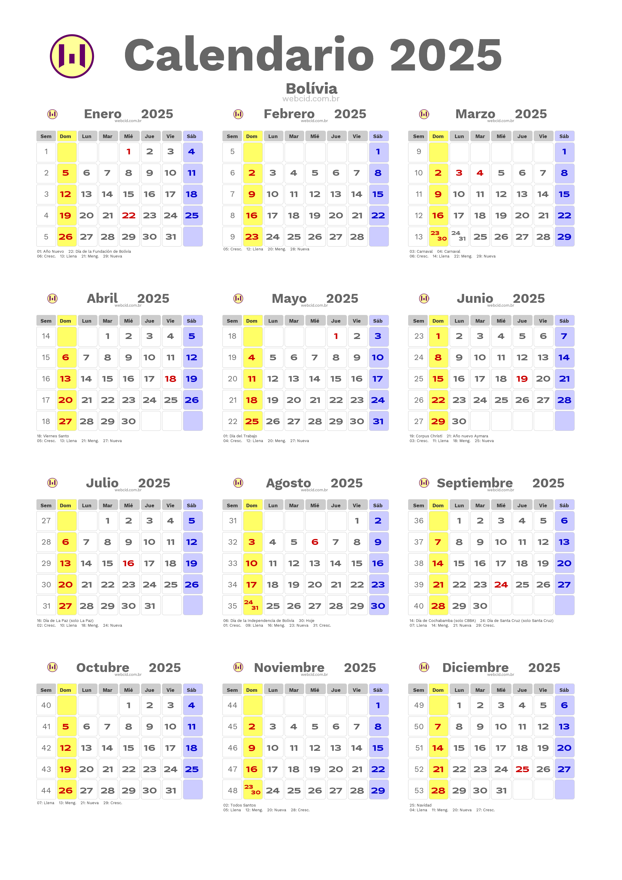 Calendario 2025 - Bolívia com feriados e fases da lua