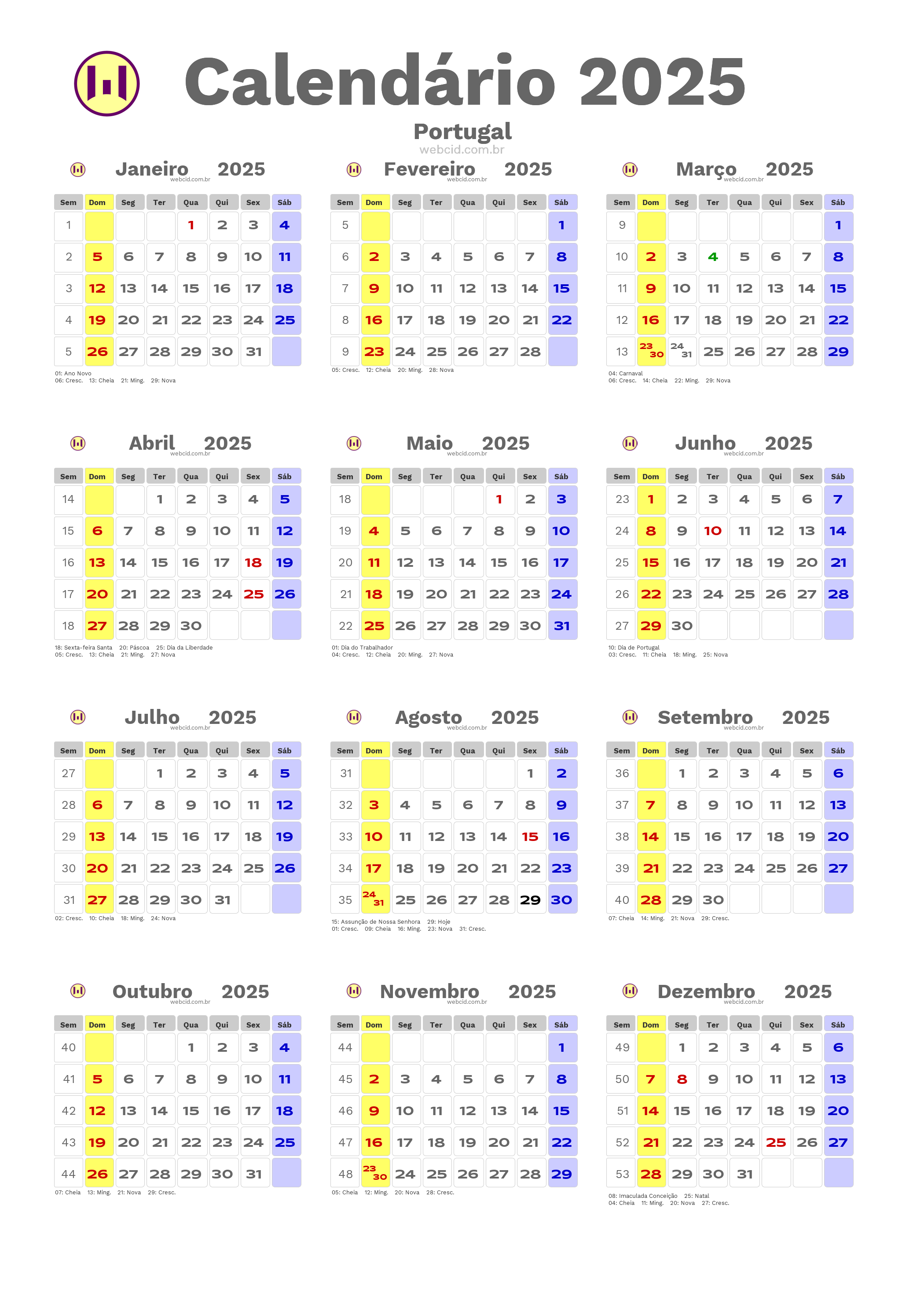 Calendário 2025 - Portugal com feriados e fases da lua