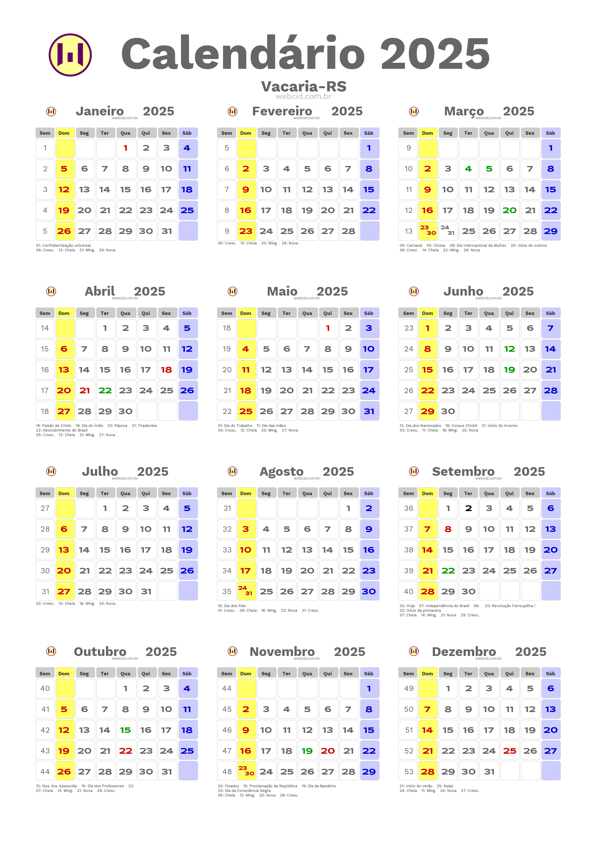 Calendário 2025 - Vacaria-RS com feriados e fases da lua