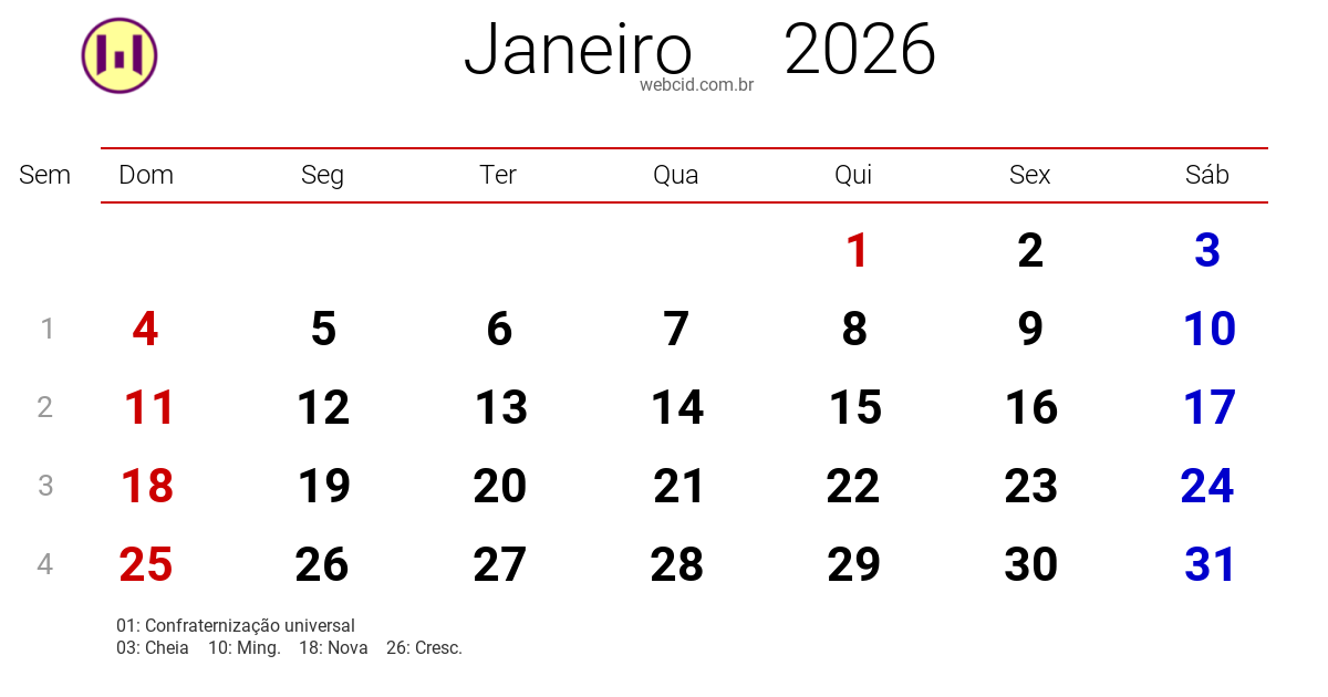 Calendário 2026 - Janeiro - Brasil com feriados e fases da lua