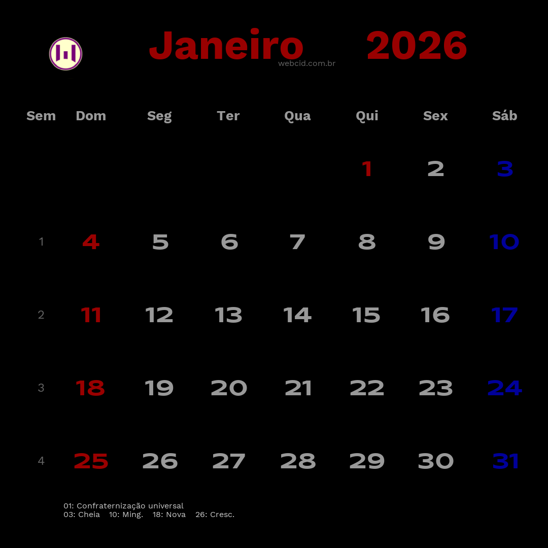 Calendário 2026 - Janeiro - Brasil com feriados e fases da lua