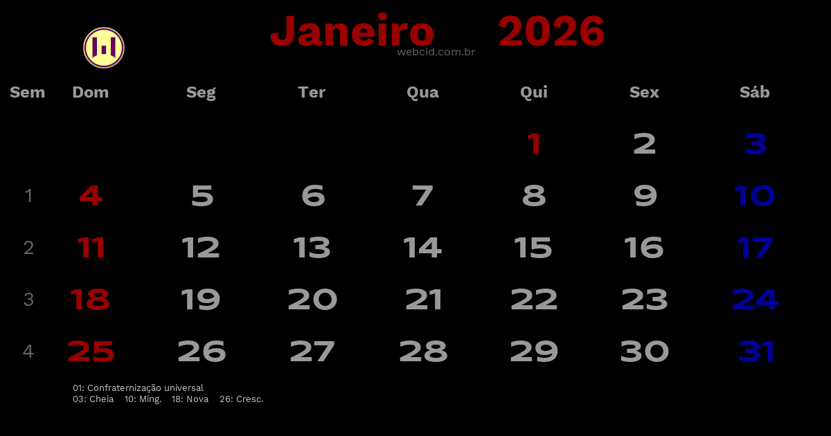 Calendário 2026 - Janeiro - Brasil com feriados e fases da lua