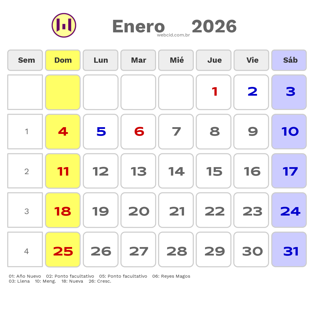 Calendario 2026 - Enero - Argentina com feriados e fases da lua