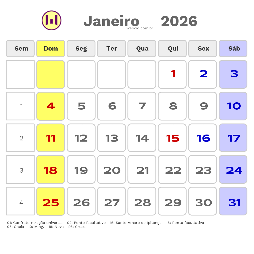 Calendário 2026 - Janeiro - Lauro de Freitas-BA com feriados e fases da lua