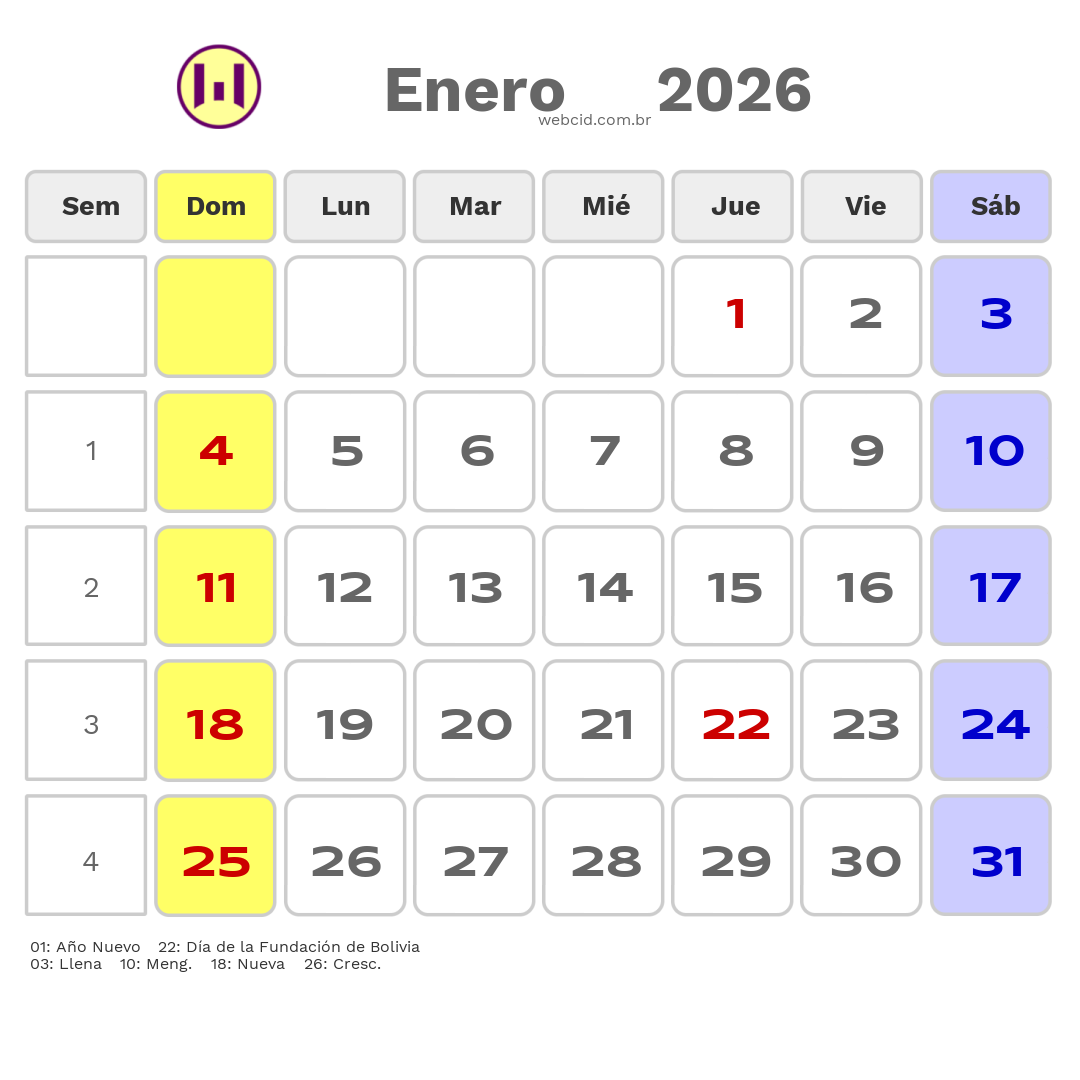 Calendario 2026 - Enero - Bolívia com feriados e fases da lua
