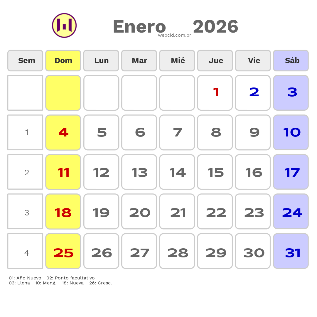 Calendario 2026 - Enero - Chile com feriados e fases da lua